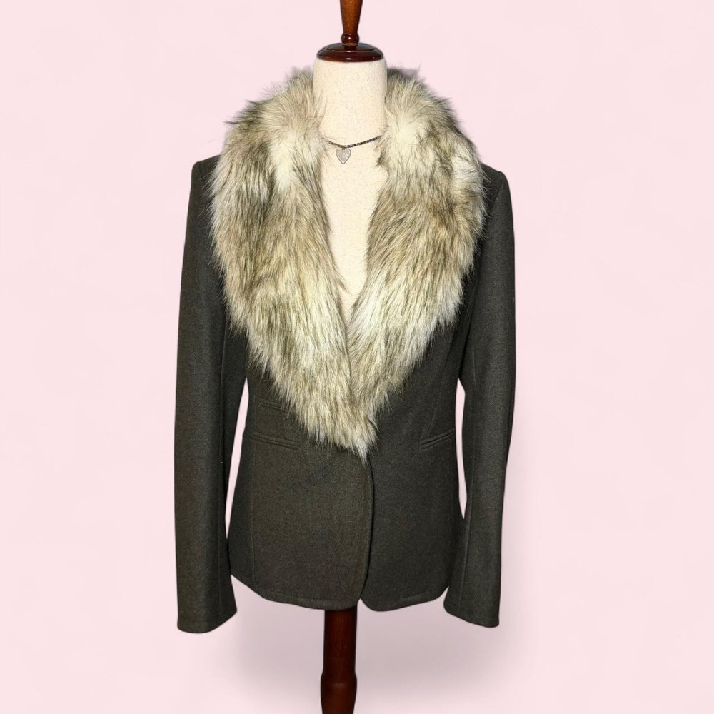 LOFT Green Wool Blend Faux Fur Penny Lane Afghan Blazer Jacket 10